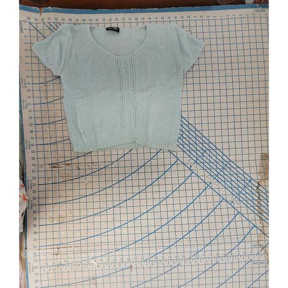 Silver Unicorn Vintage Aqua Blue Cold Should Short Sleeve Knit‎ Top Sweater - Picture 5 of 9